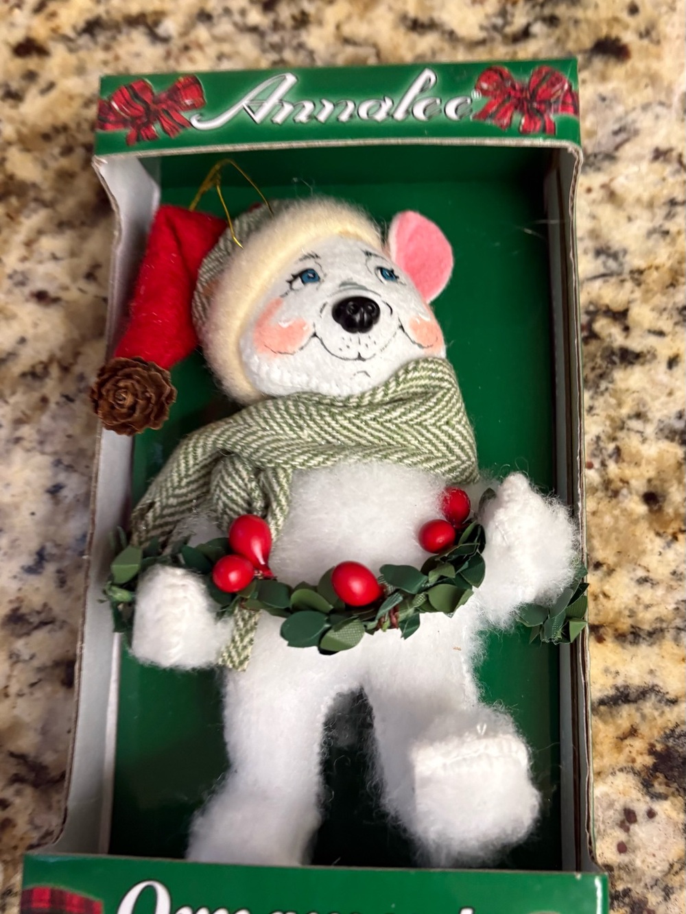 Annalee White Plush Polar Bear Ornament with Green Scarf and Red Berry Wreath